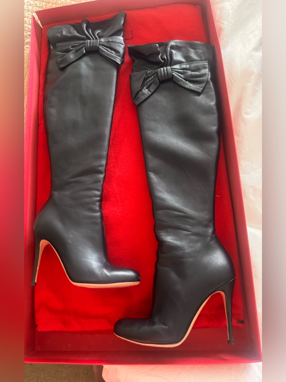 Valentino Garavani Black Leather Bow OTK Boots, EU36/US6, Box & Dust Bag